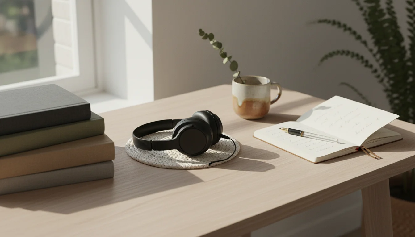 A clean wooden desk with a minimalist setup: noise-canceling headphones, a steaming white mug, a green plant, and an open planner.