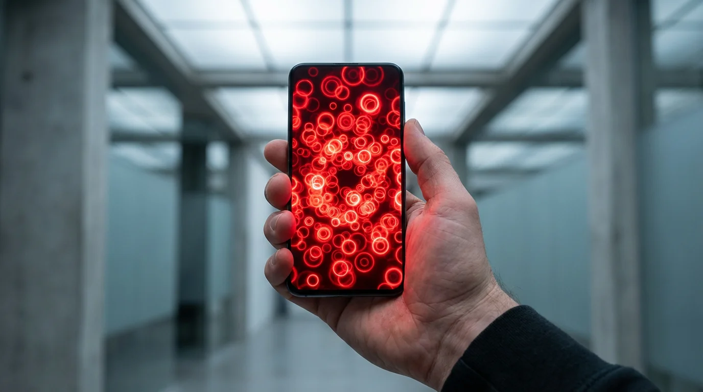 Close-up low angle of a hand aggressively grabbing a smartphone displaying many red notification badges.