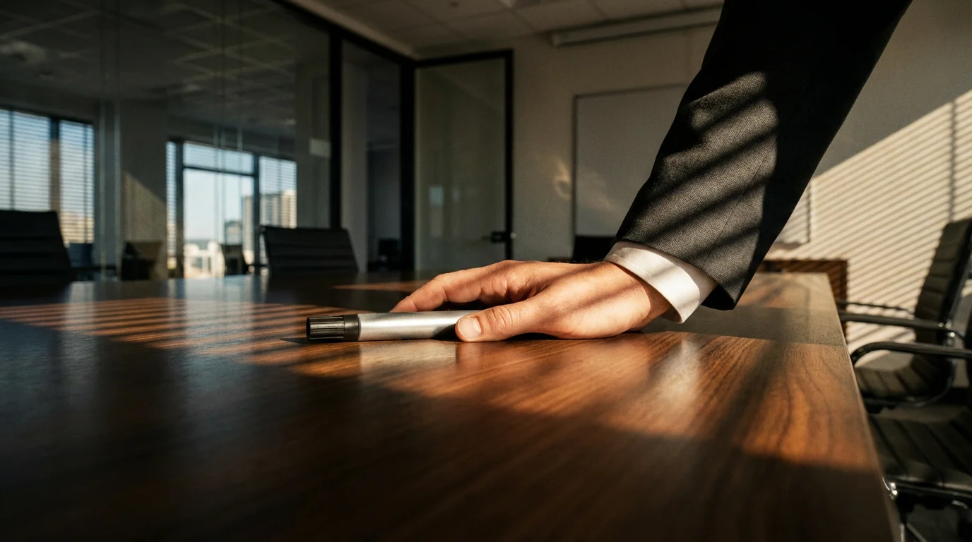 Close-up low angle of a professional hand on a meeting table in dramatic lighting.