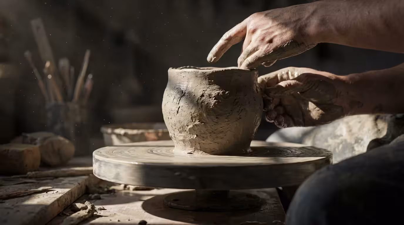 Close-up low angle of hands shaping wet clay on a wheel during moody afternoon.