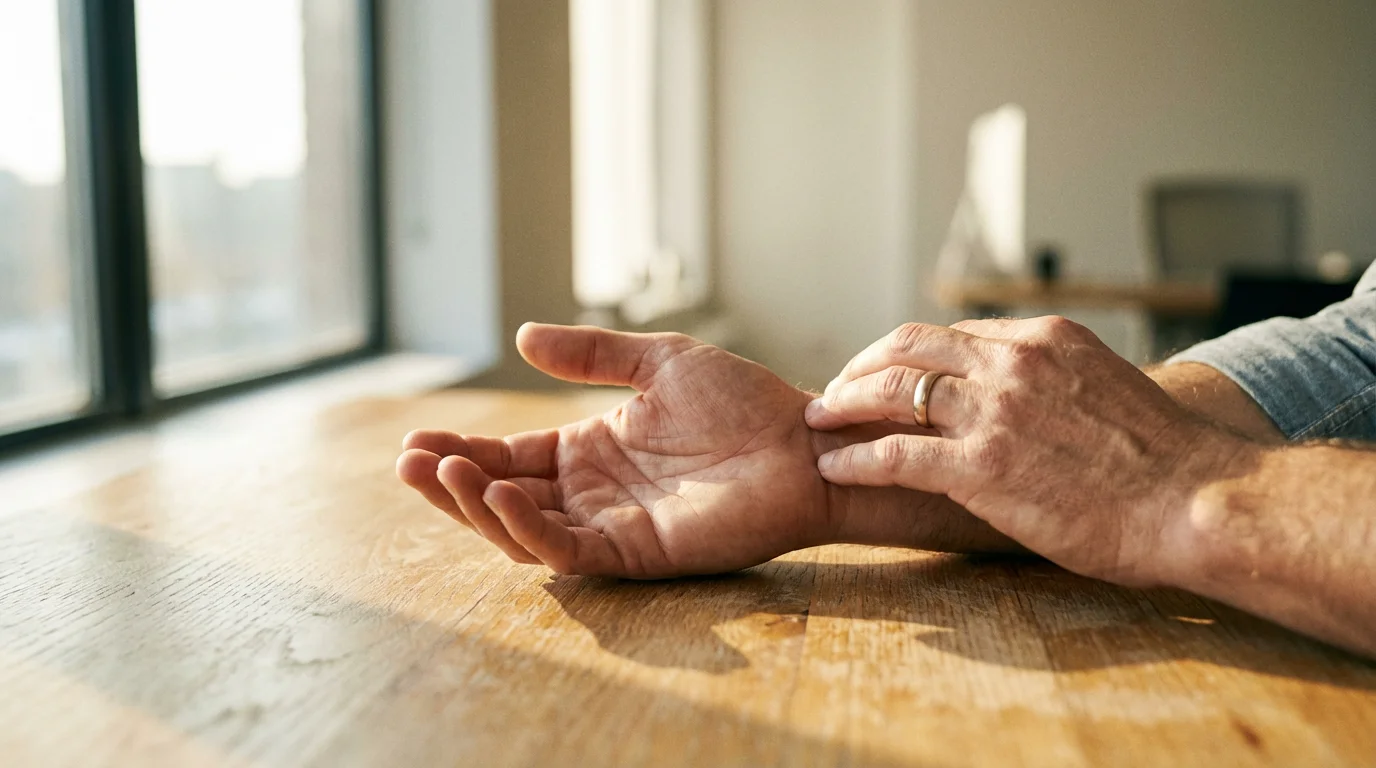 Close-up, low-angle photograph of hands performing a supportive self-compassion gesture on a wood desk.