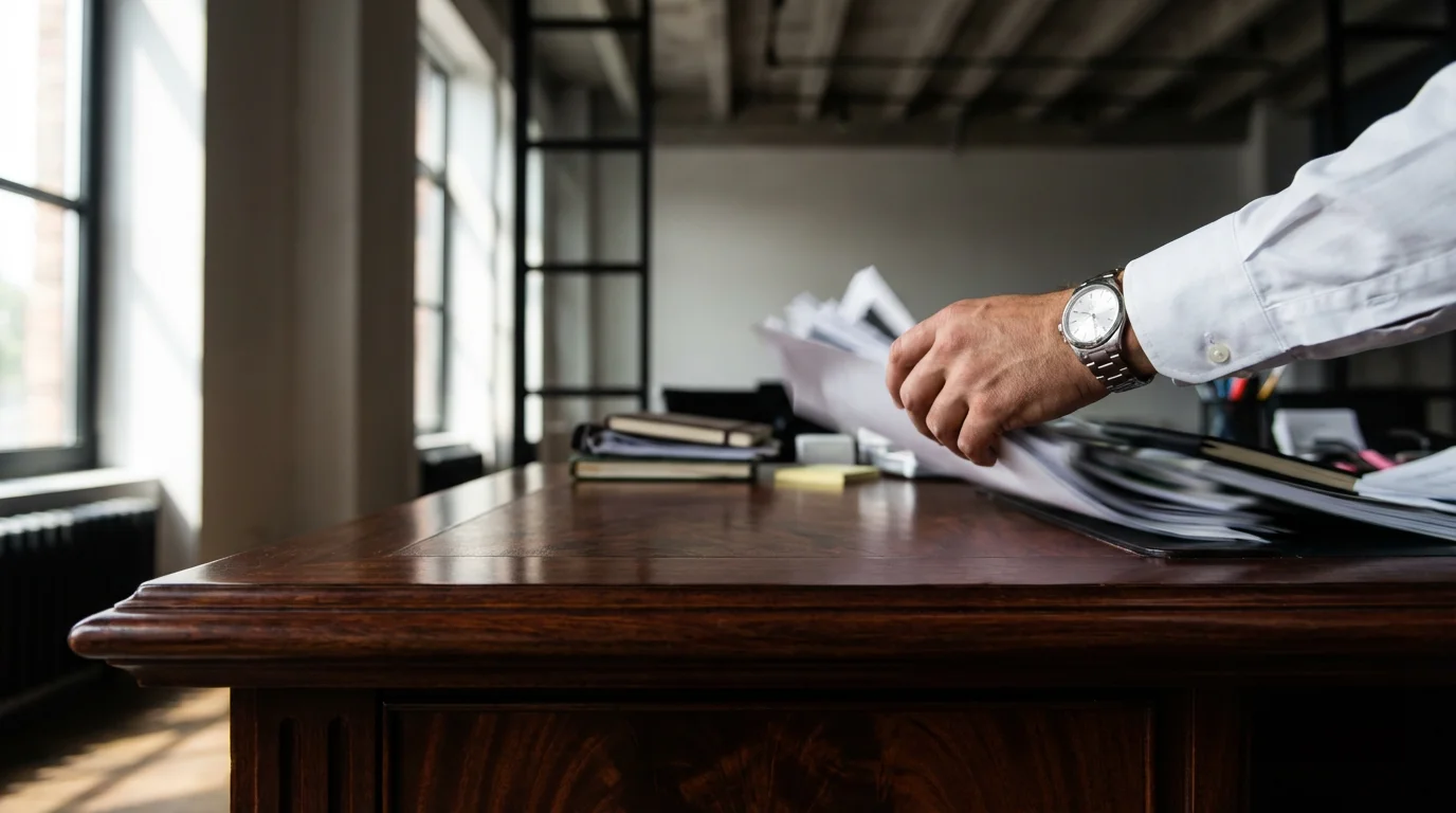 Close-up low angle view of a hand clearing clutter off a desk for productivity.