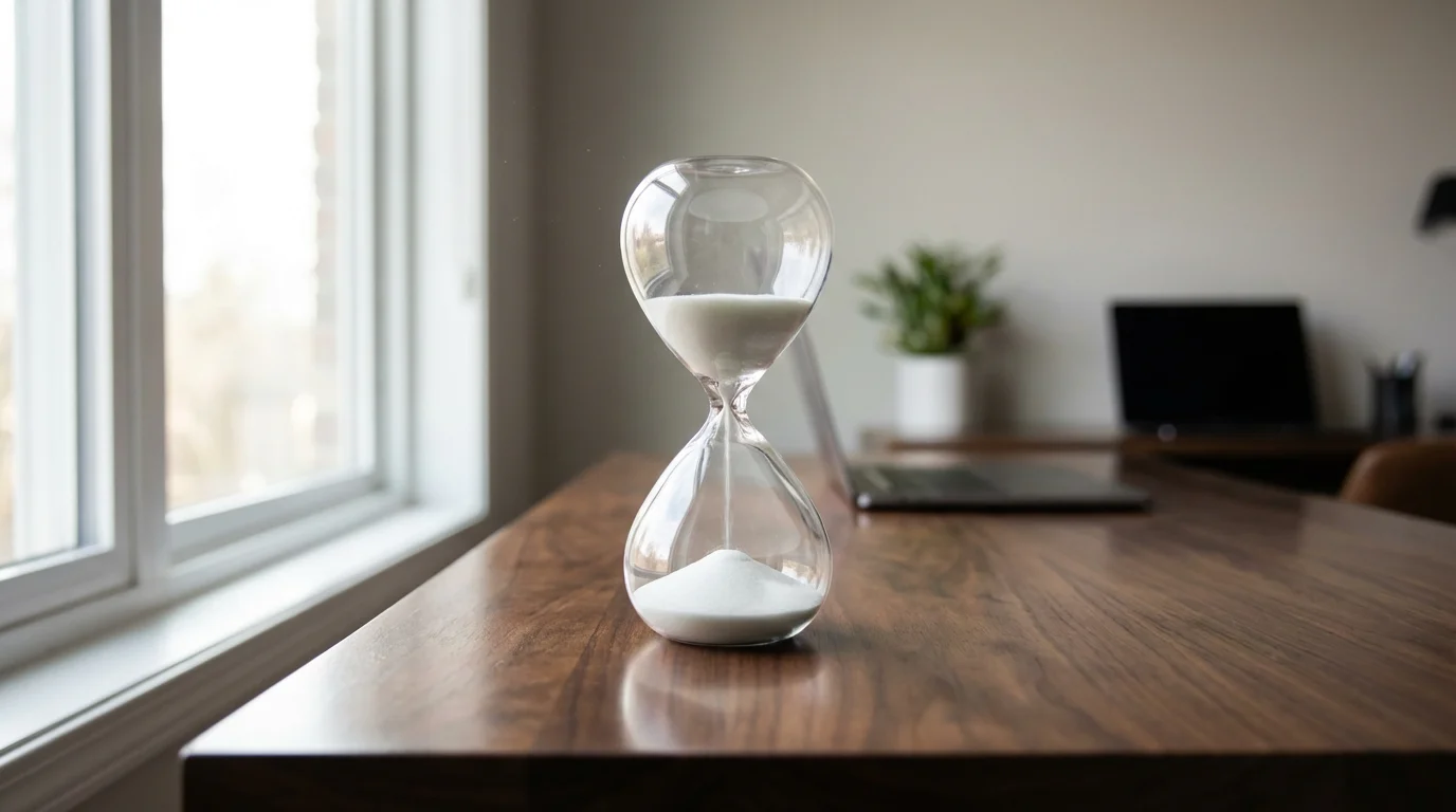 Close-up low angle view of an hourglass on a desk in natural light.