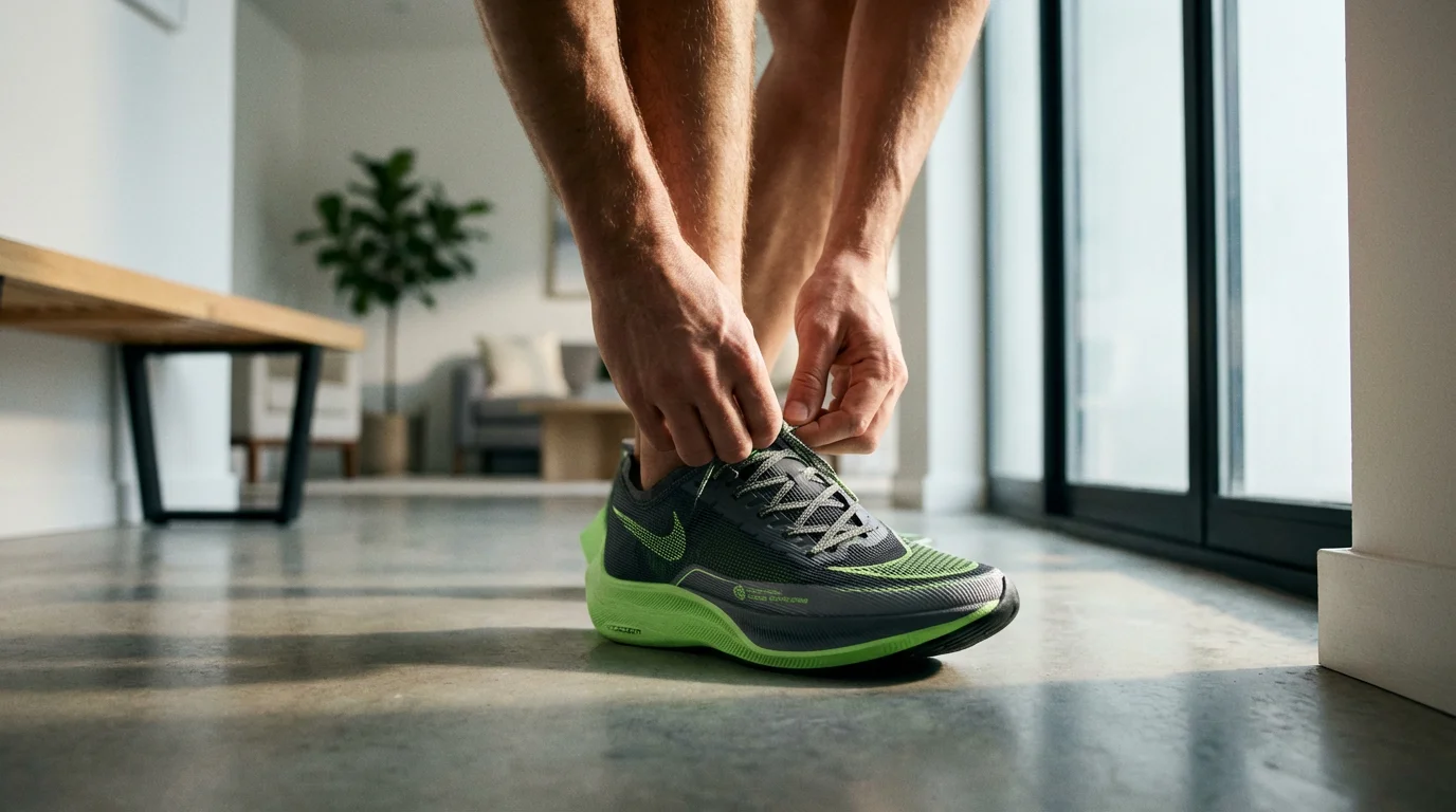 Close-up low angle view of person tying running shoes in natural light