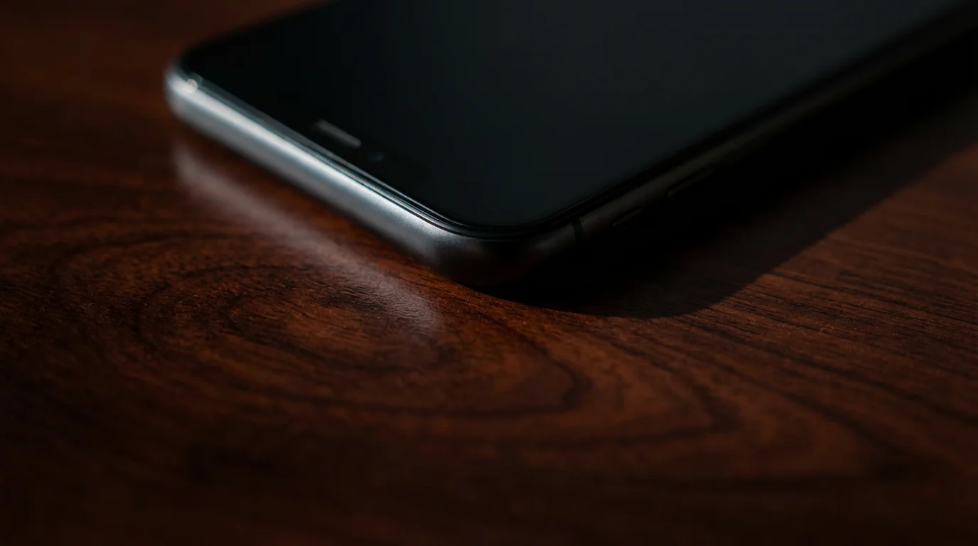 Close-up macro of a dark, isolated smartphone casting long shadows on a wooden desk.