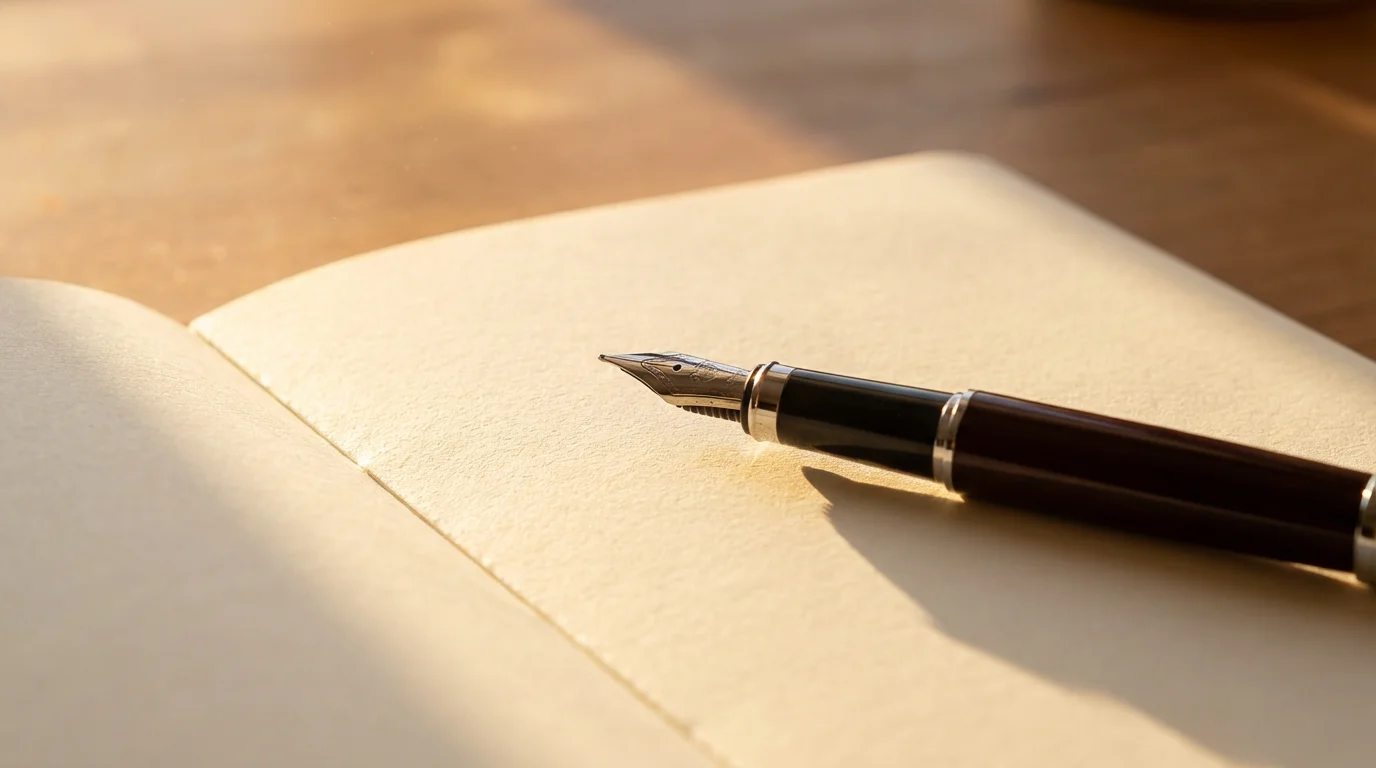 Close-up macro of fountain pen on paper during golden hour.