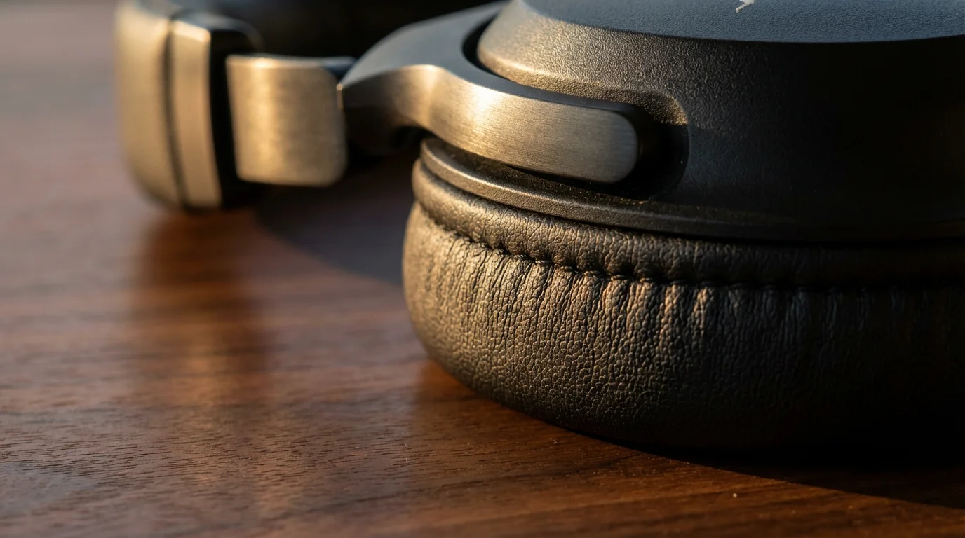 Close-up macro photo of a black noise-canceling headphone earcup in warm golden hour light.