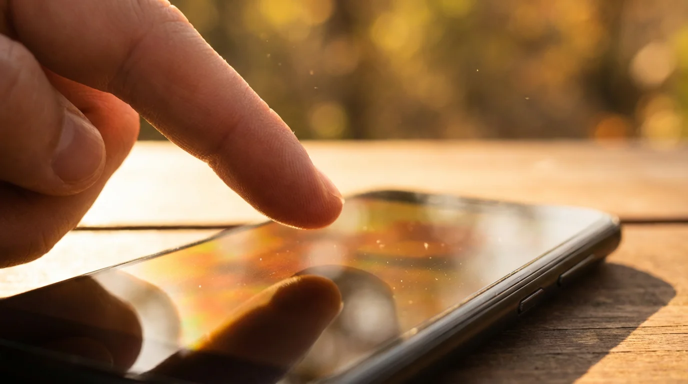 Close-up macro photo of a finger deliberately tapping a smartphone screen under warm golden hour light.