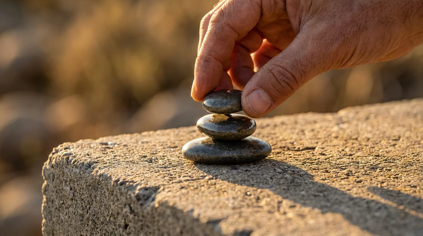 Close-up macro photo of a hand carefully stacking three smooth river stones during golden hour.