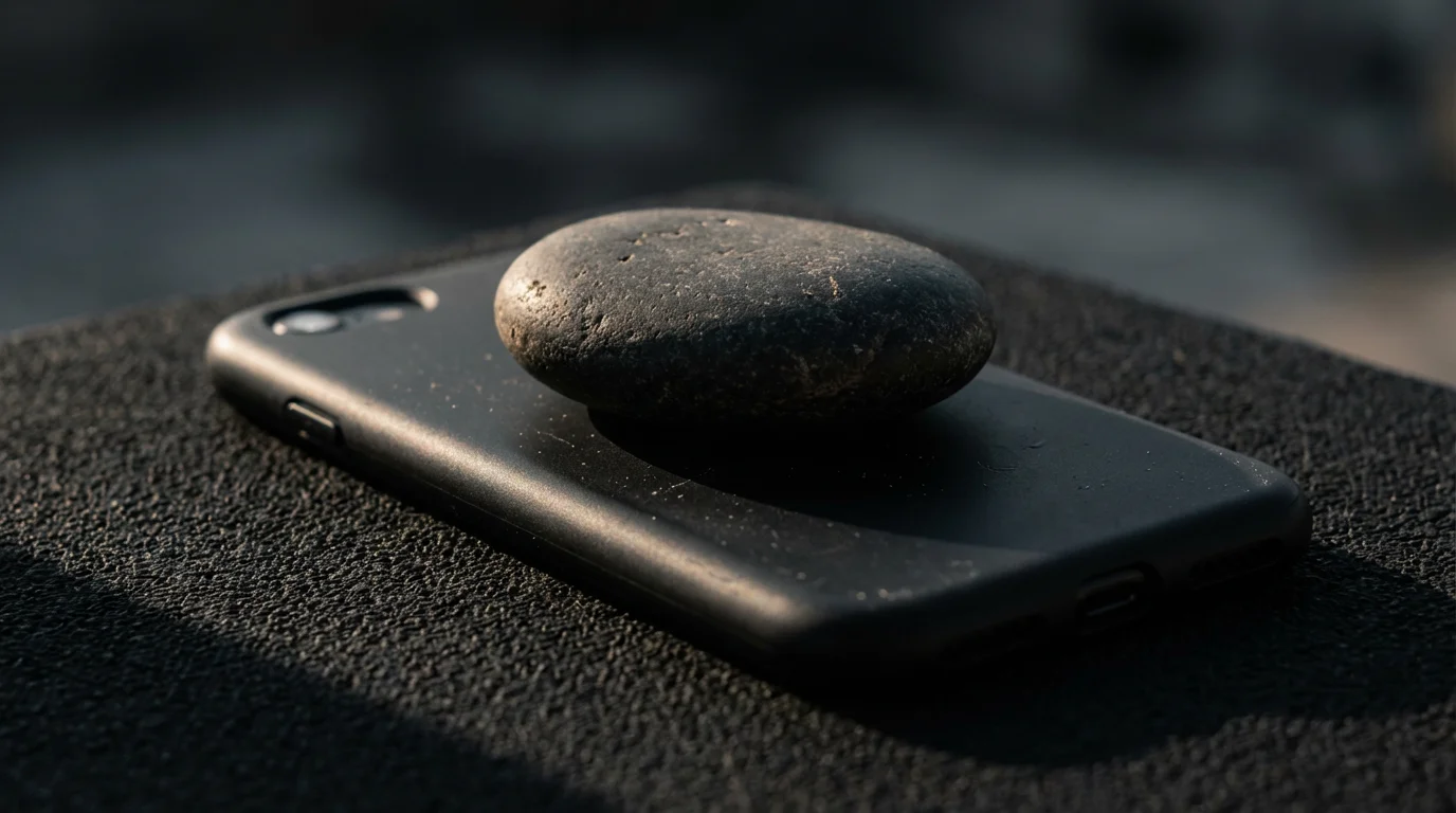 Close-up macro photo of a heavy river stone resting on a smartphone, symbolizing intentional friction.