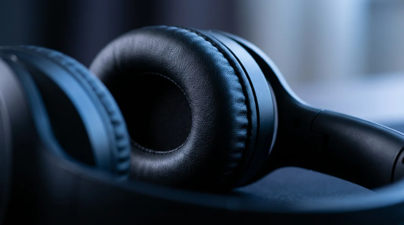 Close-up macro photo of a matte black noise-canceling headphone earcup in cool blue hour light.