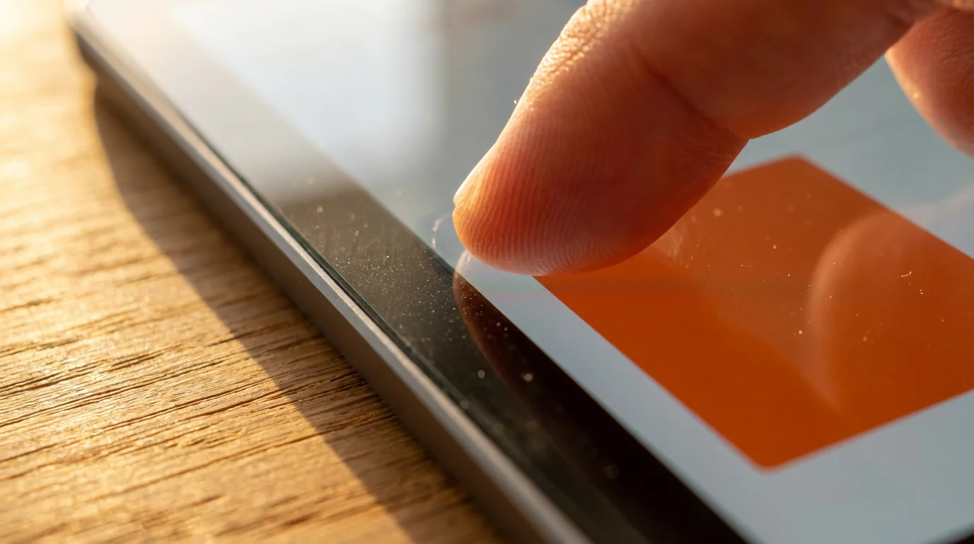 Close-up macro photo of a thumb pressing a colorful digital calendar block on a tablet screen during golden hour.