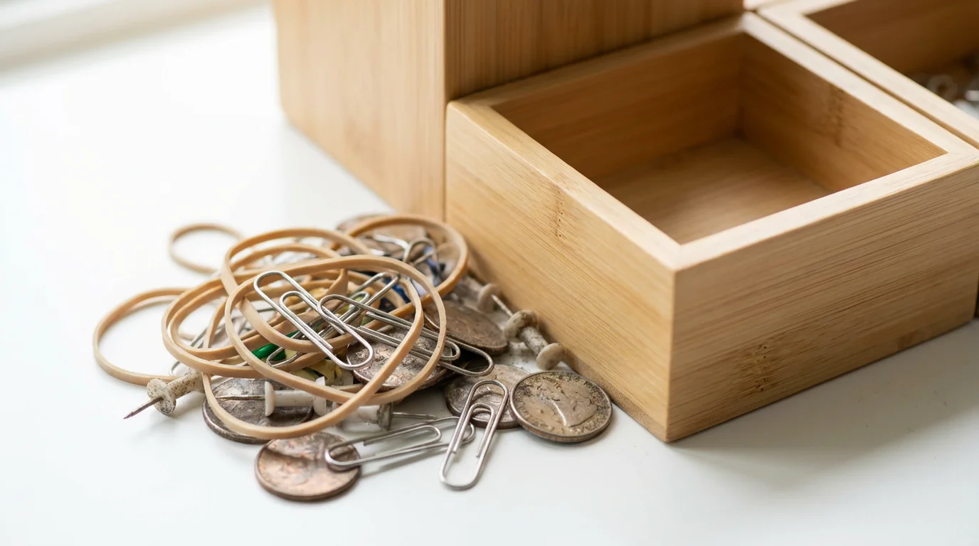 Close-up macro photo of disorganized office supplies next to a clean, structured bamboo organizing tray.