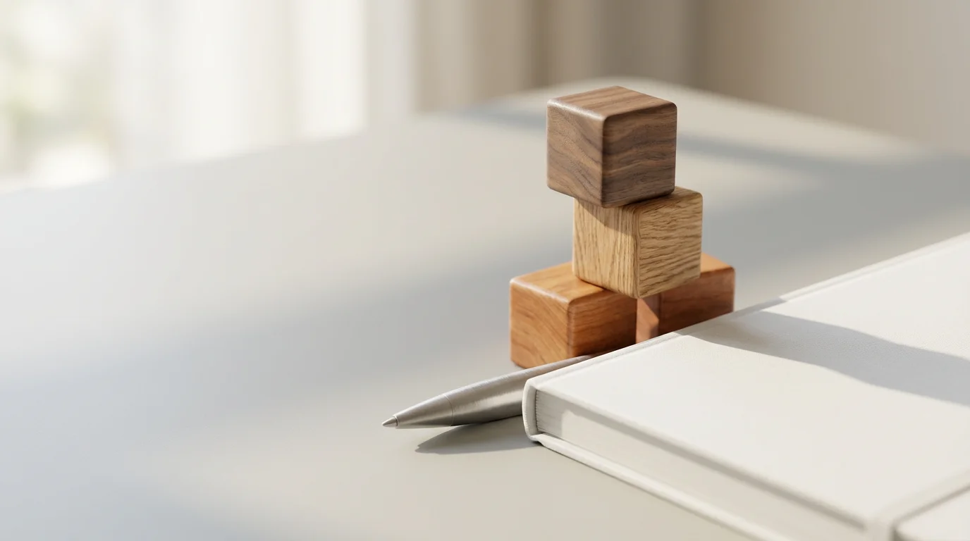 Close-up macro photo of stacked wooden blocks, planner notebook, and pen, symbolizing strategic habit design.
