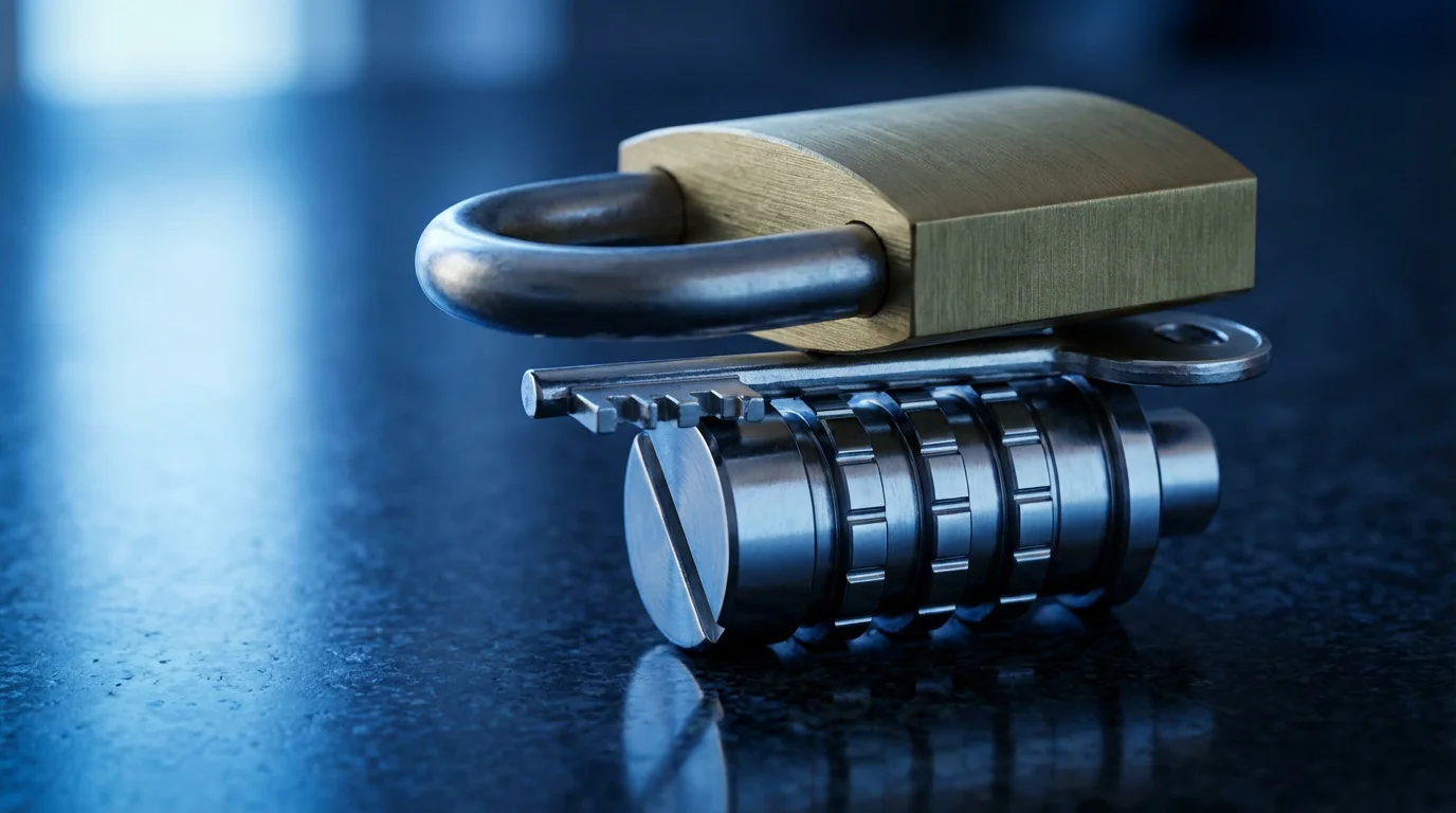 Close-up macro photo of three stacked, high-security metal components symbolizing password protection pillars.