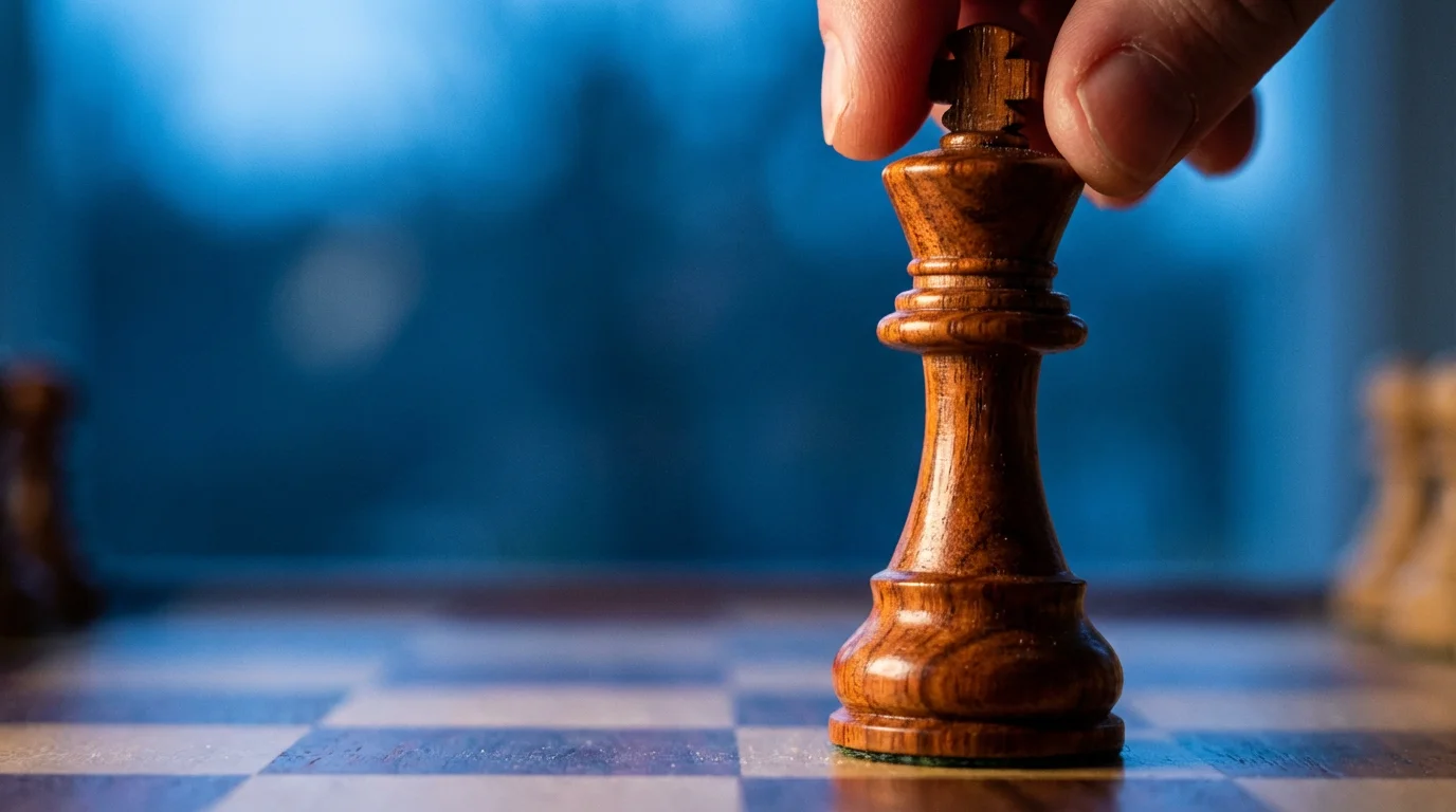 Close-up macro photo of wooden chess piece being played during blue hour evening.