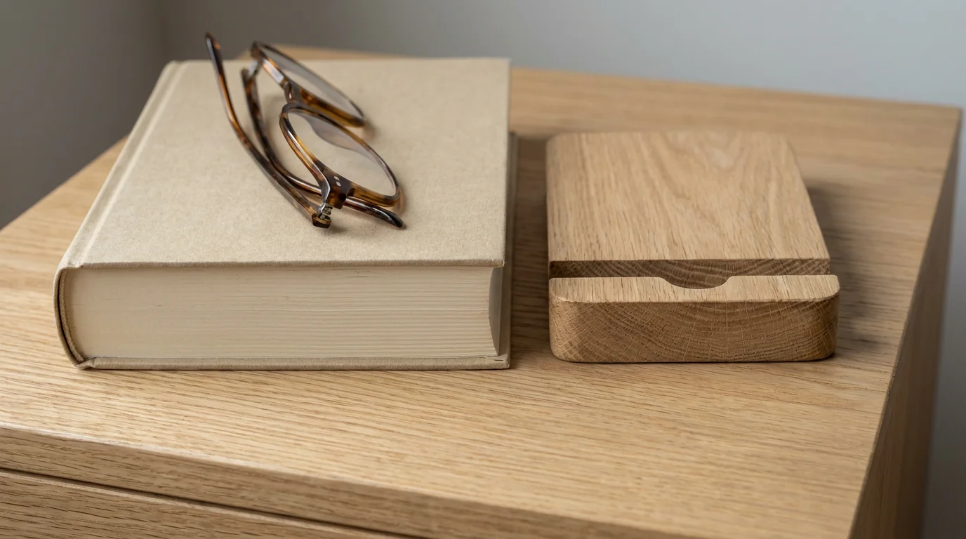 Close-up macro photograph of a book next to an empty smartphone charging dock on a nightstand.