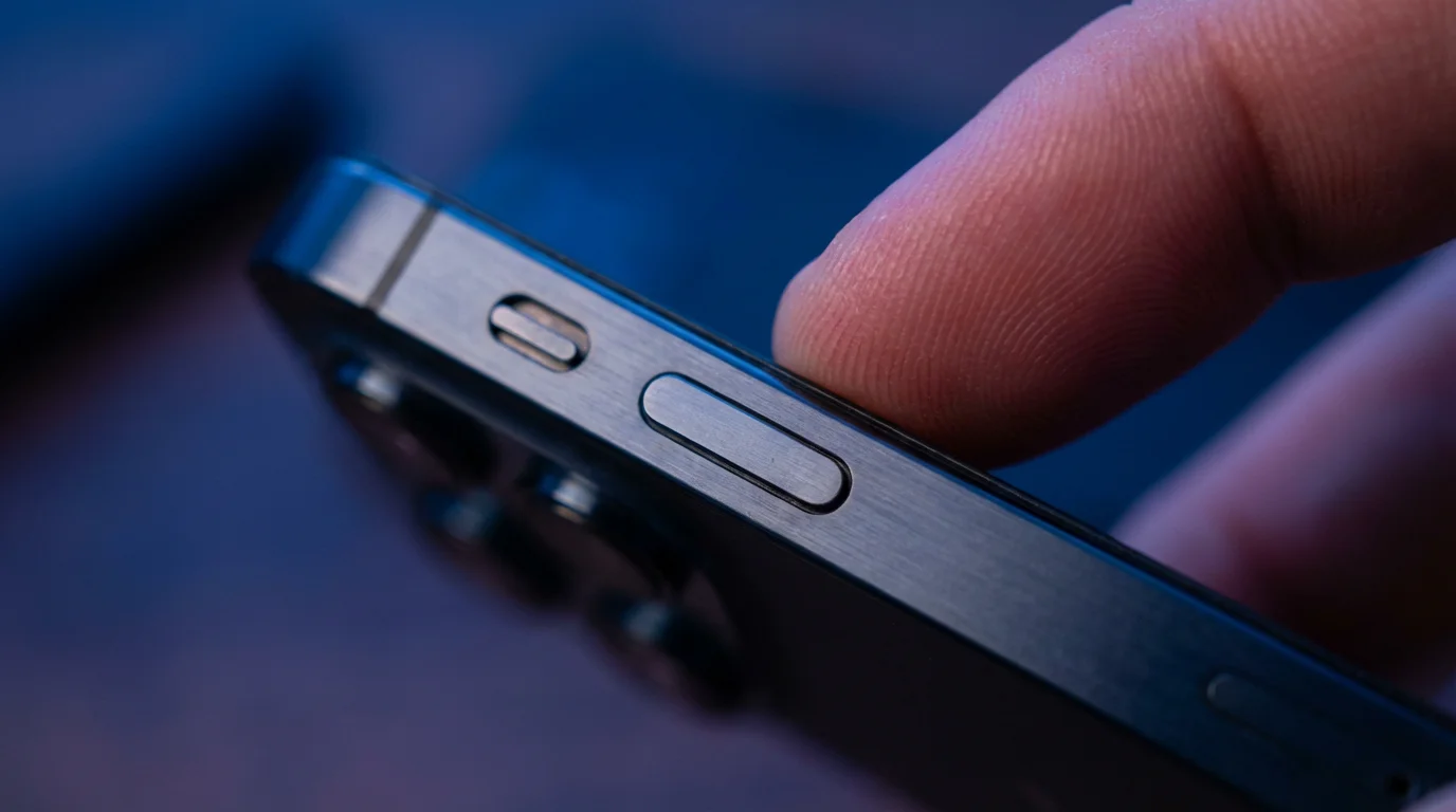 Close-up macro photograph of a finger activating a smartphone's physical mute switch during blue hour.