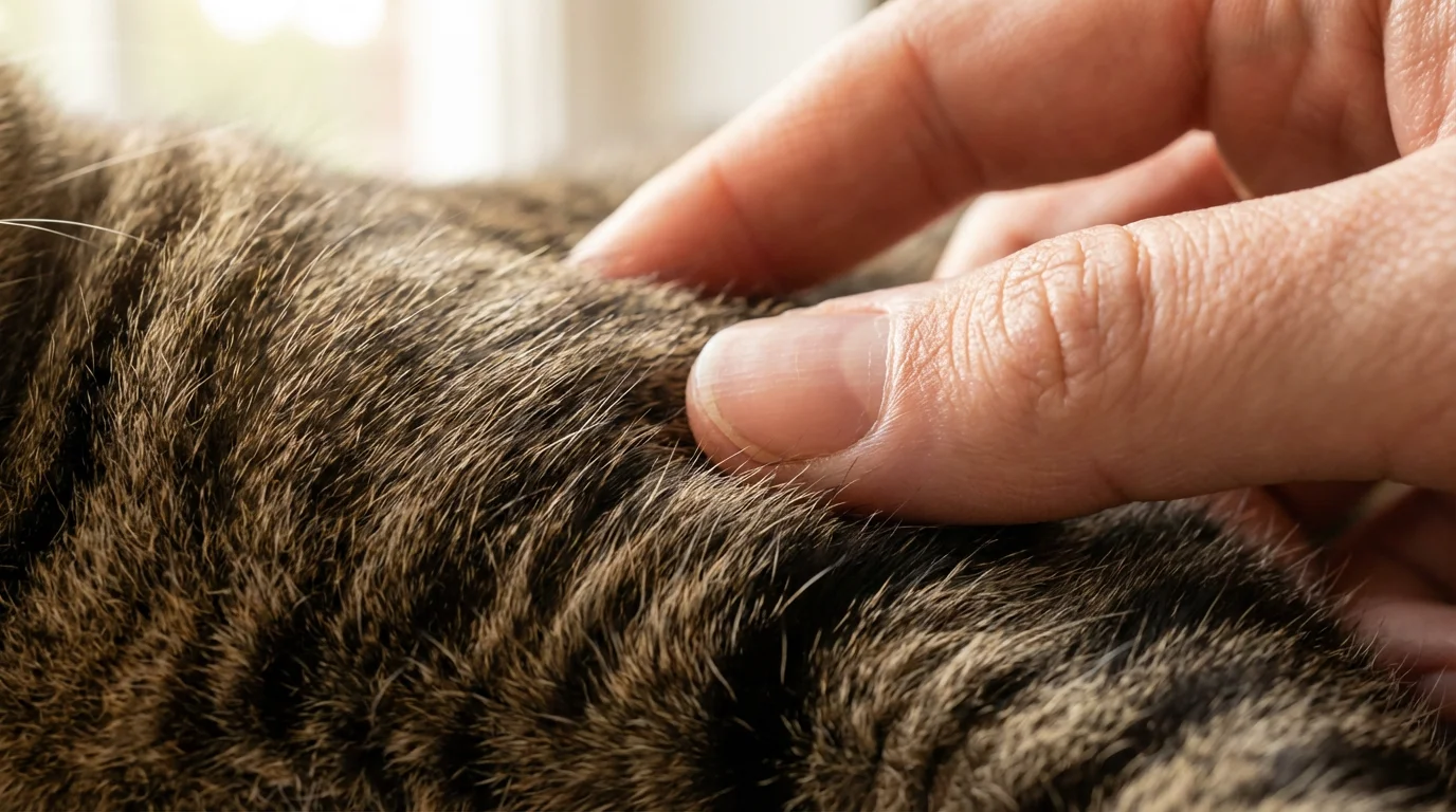 Close-up macro photograph of a human hand gently stroking the soft, detailed fur of a tabby cat.