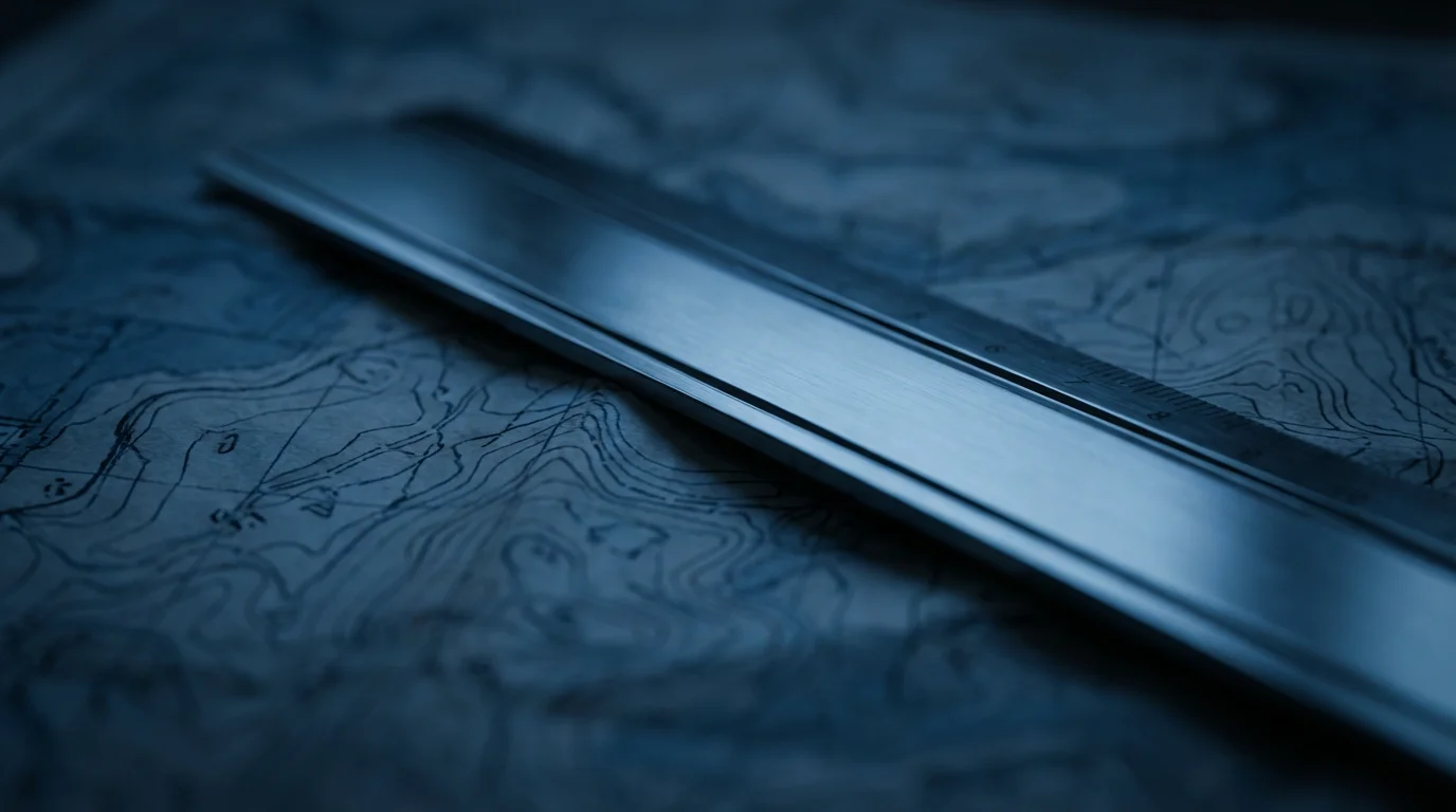 Close-up macro photograph of a metal ruler defining a precise path across a slightly blurred map during cool blue hour light.