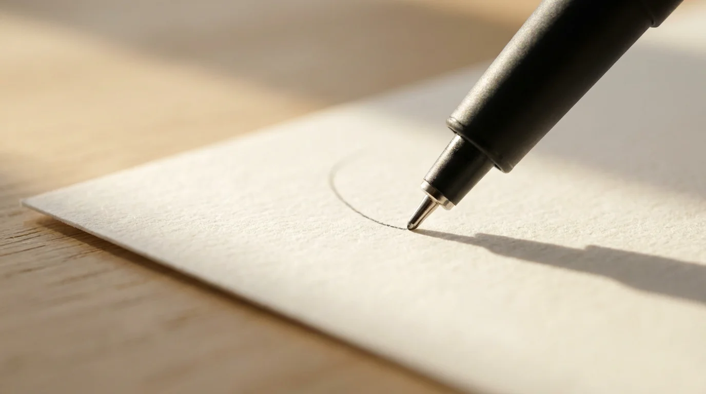 Close-up macro photograph of a pen tip making the first deliberate mark on a blank page.
