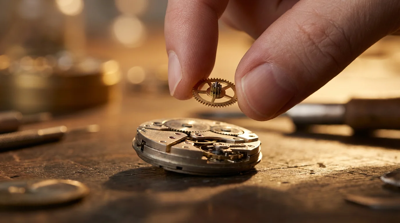 Close-up macro photograph of fingertips placing a tiny brass gear into a mechanism, golden hour light.