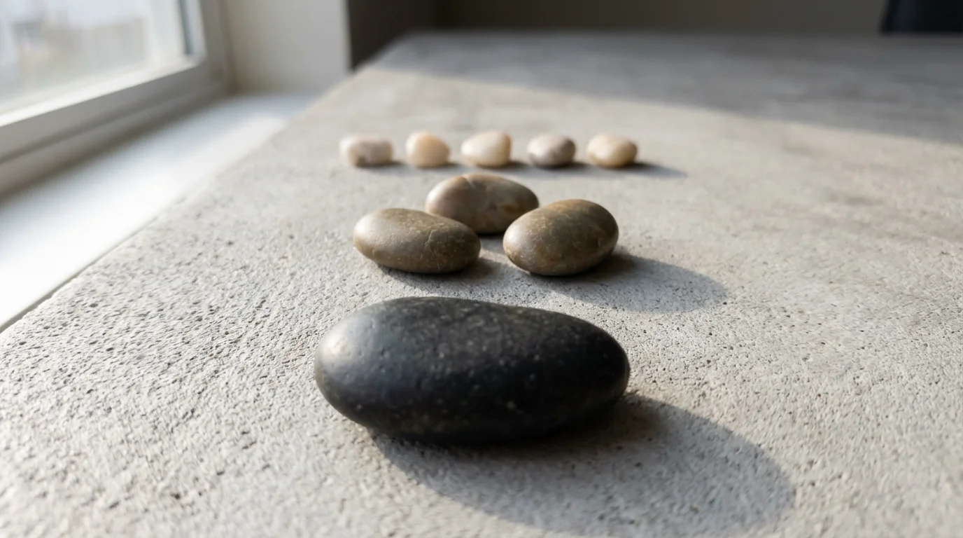 Close-up macro photograph showing one large, three medium, and five small river stones representing task prioritization.
