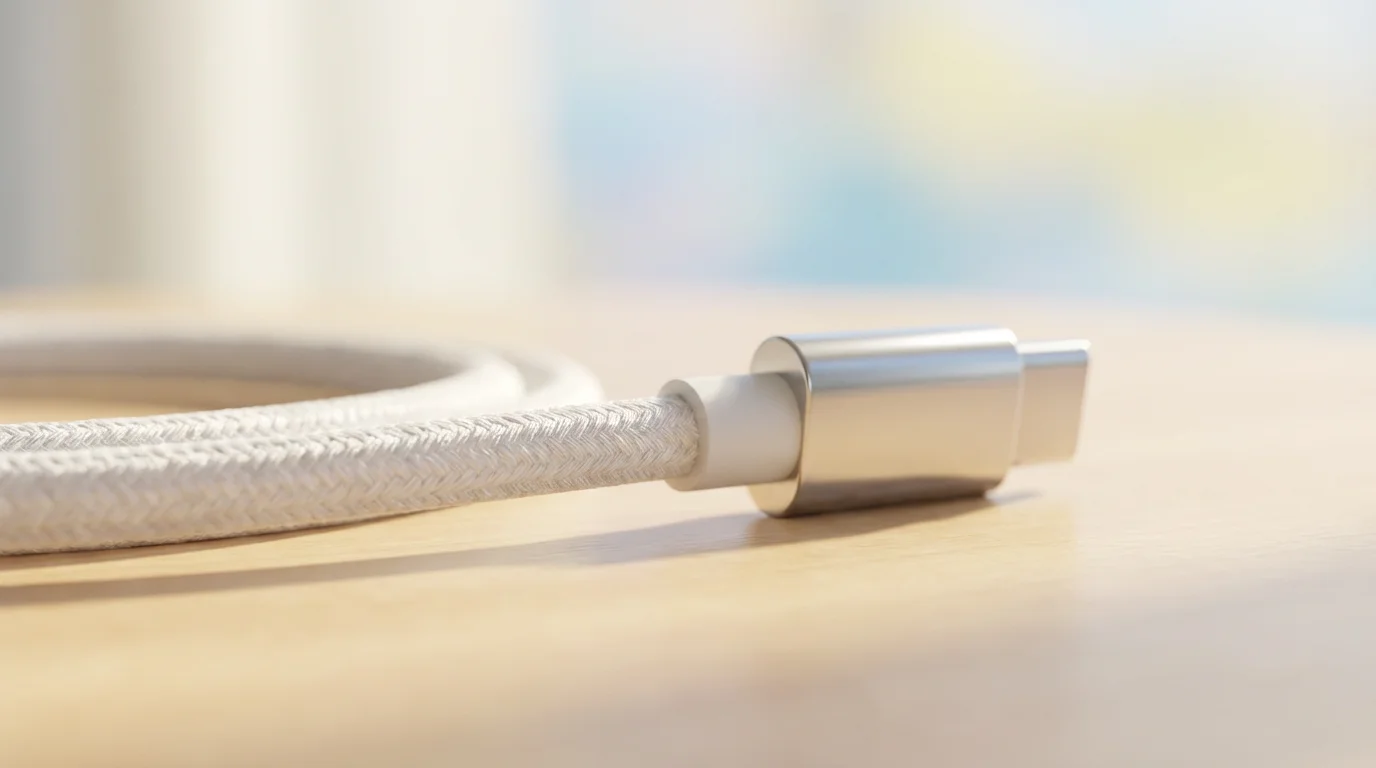 Close-up macro photography of a neat white data cable on a wooden desk.