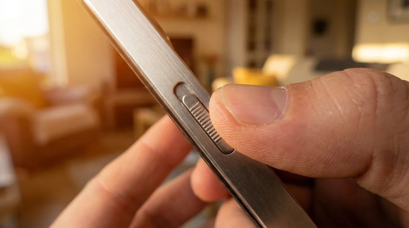 Close-up macro photography of a thumb toggling the silent switch on a smartphone edge.