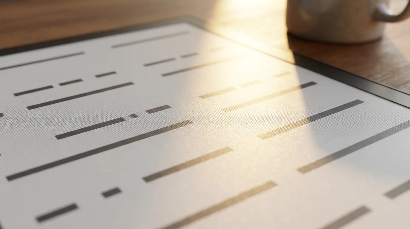 Close-up macro shot of a clean, digital reading screen bathed in warm golden hour sunlight.