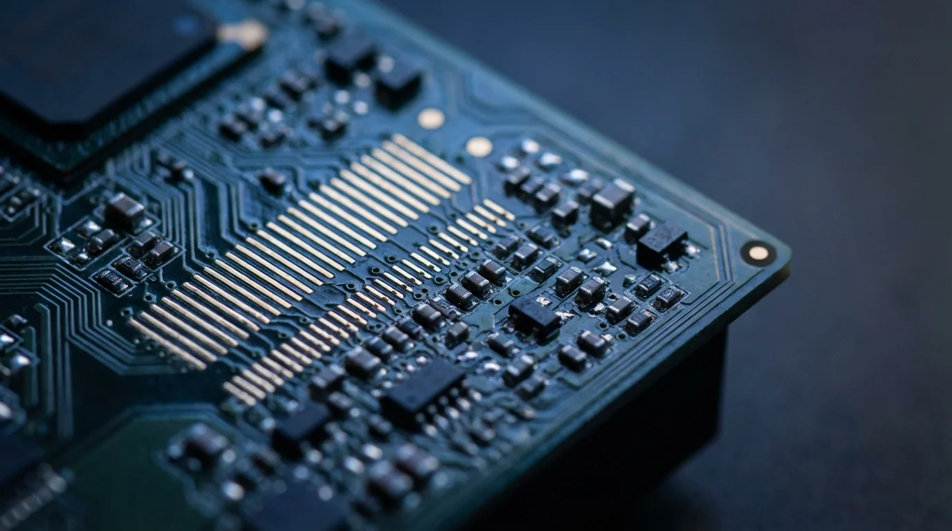 Close-up macro shot of a complex circuit board illuminated by cool blue hour light, symbolizing digital structure.