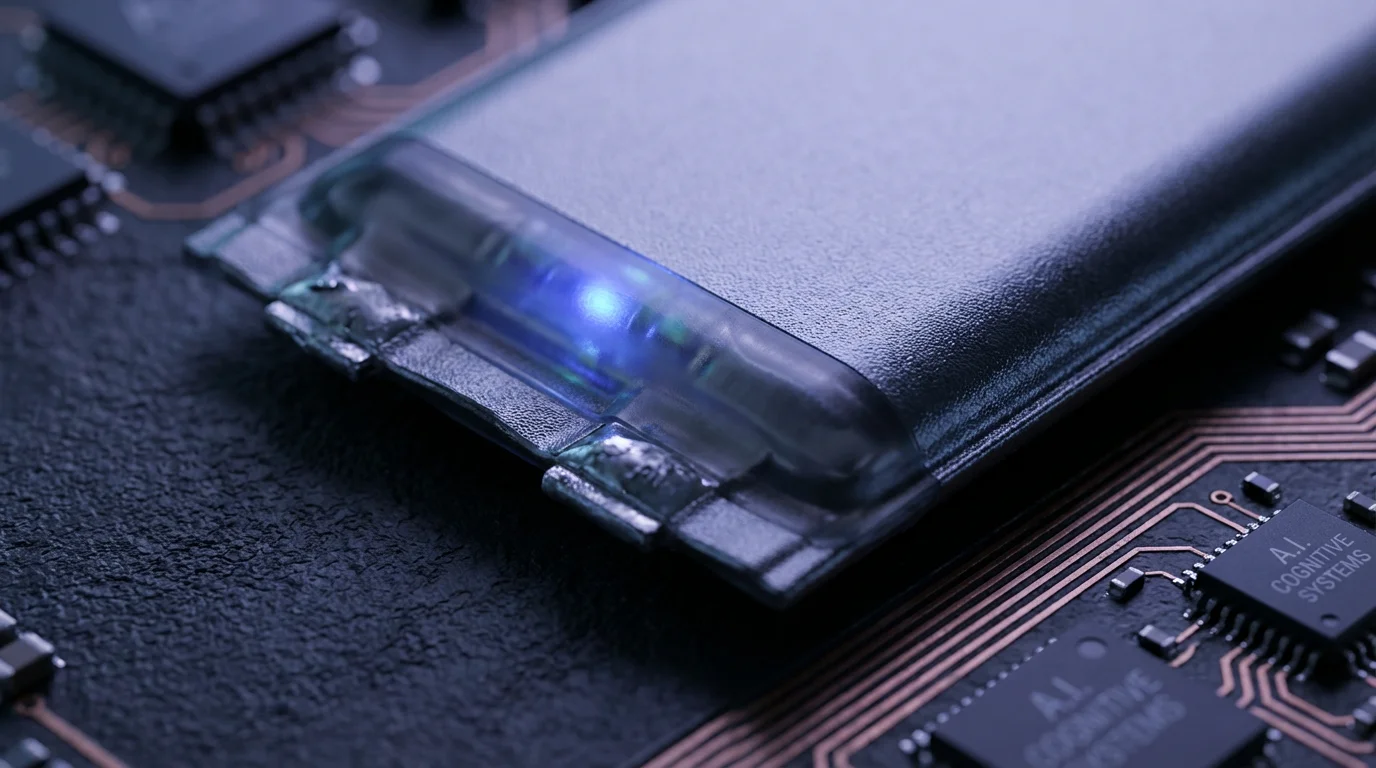 Close-up macro shot of a complex circuit board and depleted futuristic battery under cool blue lighting.