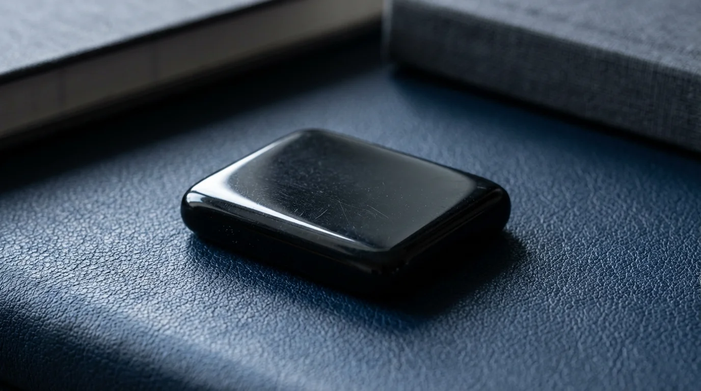 Close-up macro shot of a dark obsidian security token on navy leather, symbolizing a master password.