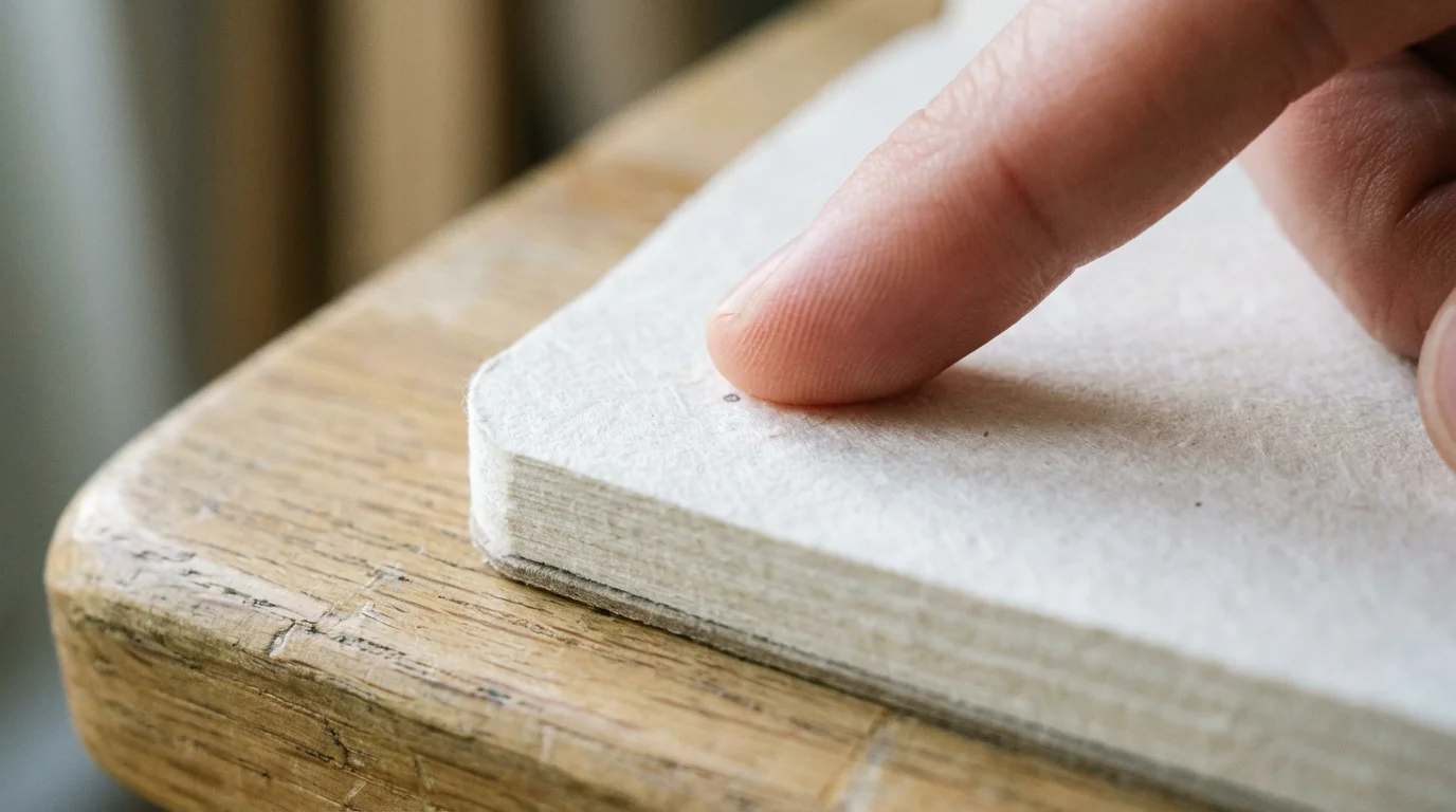 Close-up macro shot of a finger and a single, faint pencil mark on a clean journal page.