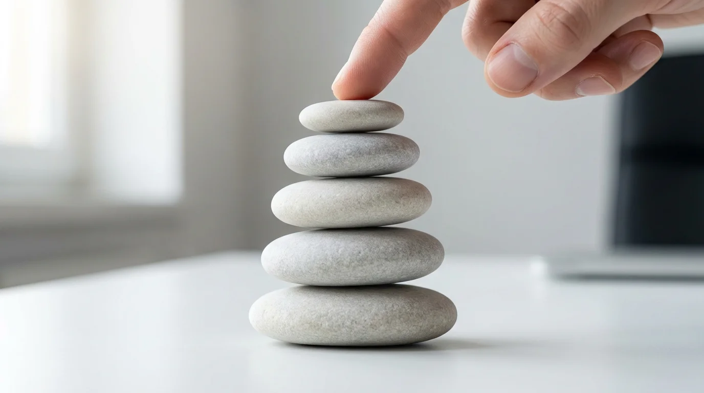 Close-up macro shot of a finger balancing river stones, symbolizing focus and intentional conditions.