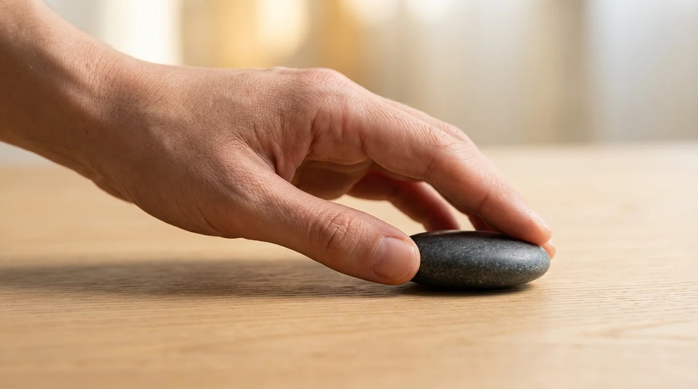 Close-up macro shot of a hand gently rolling a smooth river stone, symbolizing mindful recovery.
