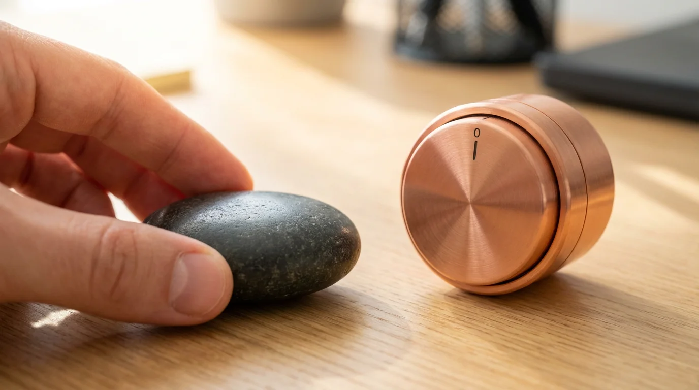 Close-up macro shot of a hand holding a smooth gray stone next to a copper mechanical timer.