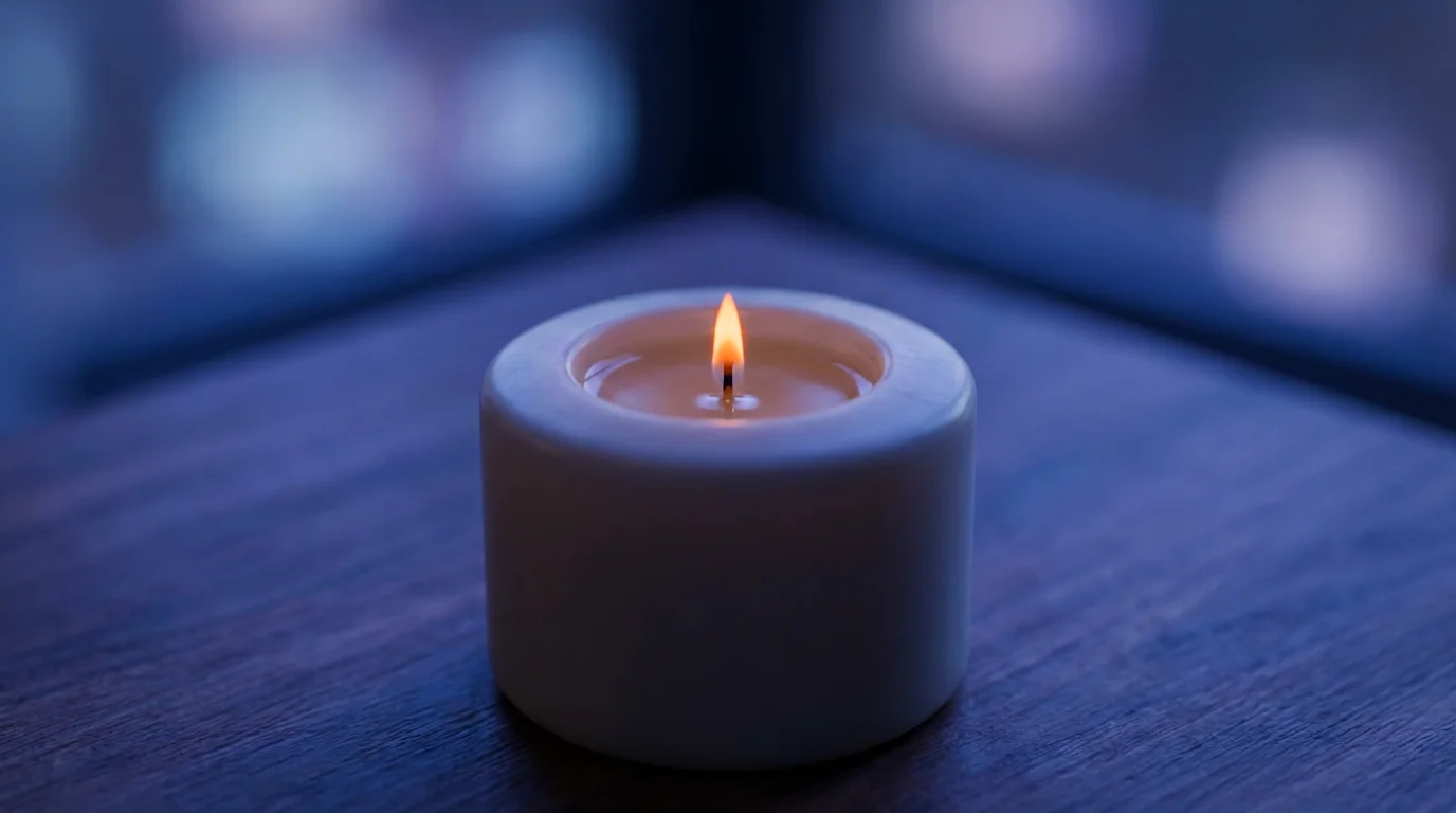 Close-up macro shot of a single lit candle on a dark desk, illuminated by cool Blue Hour light.