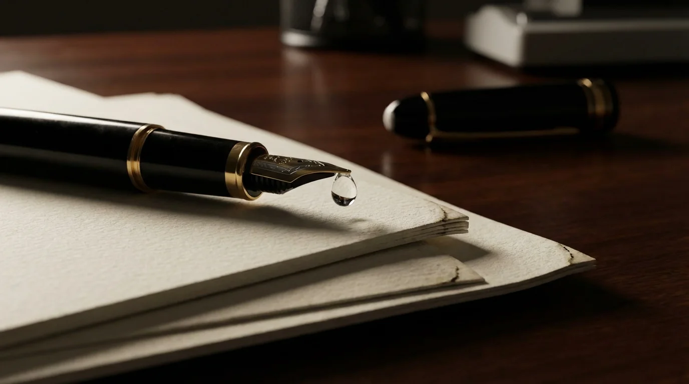 Close-up macro shot of a water droplet hitting presentation documents, symbolizing extreme professional pressure.