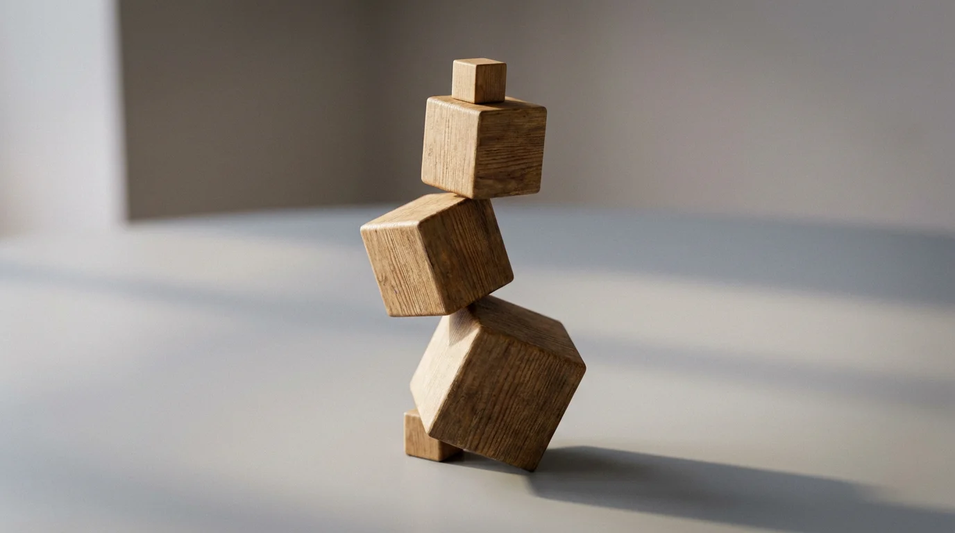 Close-up macro shot of an unstable stack of wooden blocks with a tiny cube on top.