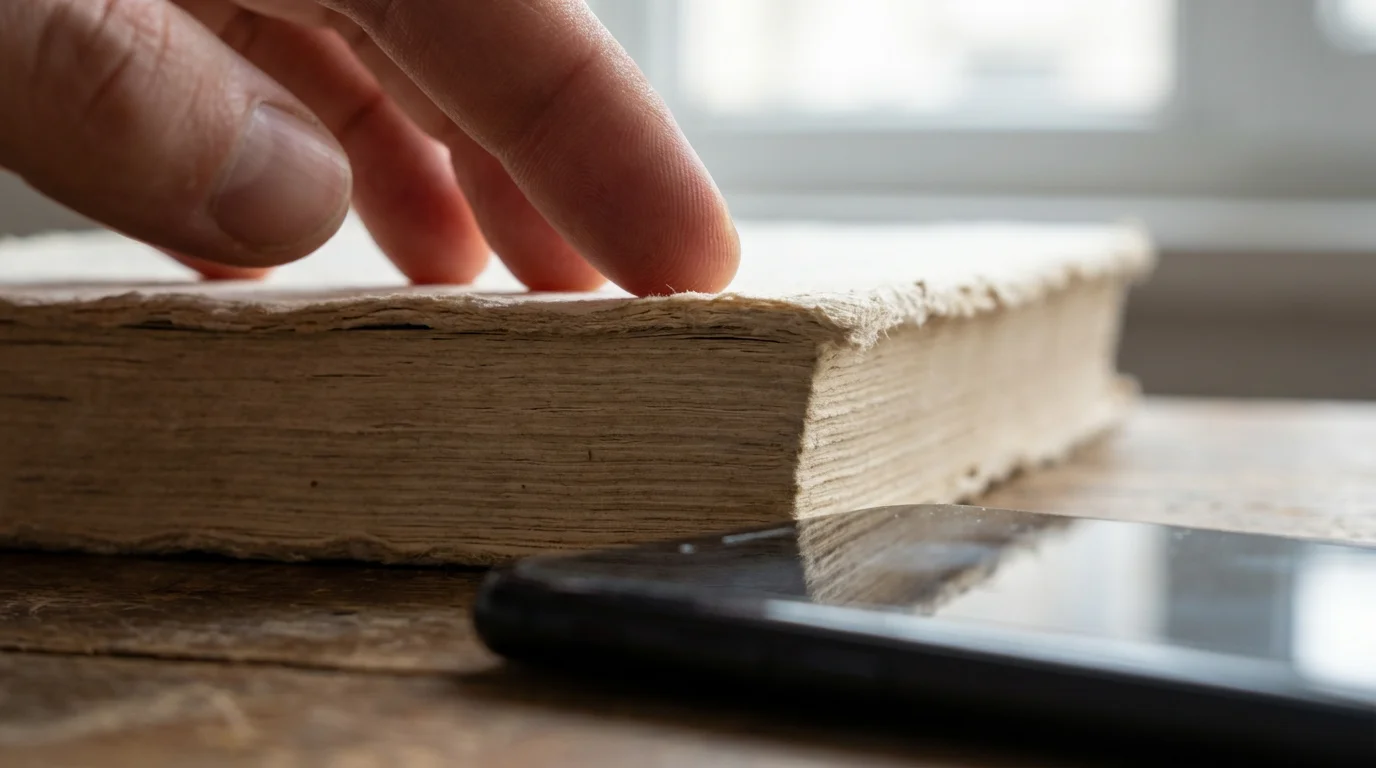 Close-up macro shot of fingers touching a book, symbolizing presence and the Joy of Missing Out (JOMO).