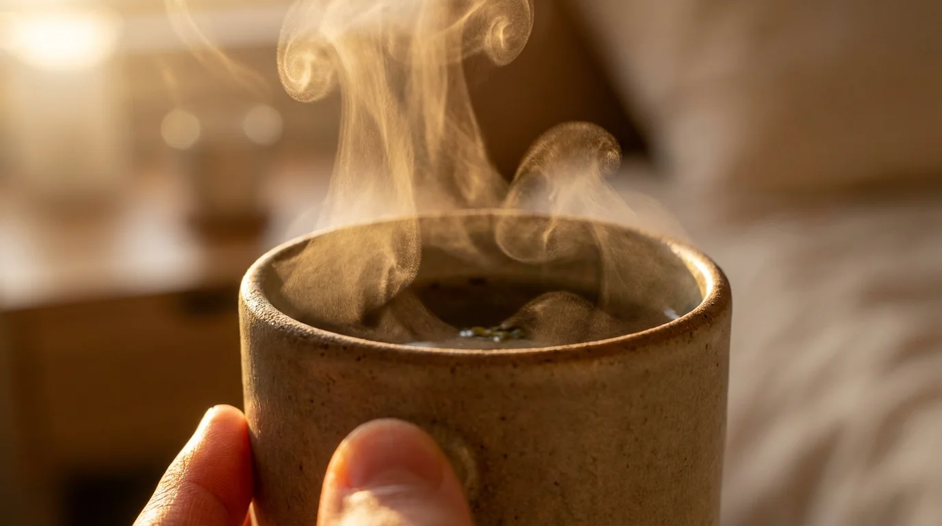Close-up macro shot of steam rising from a warm ceramic mug of herbal tea during golden hour.