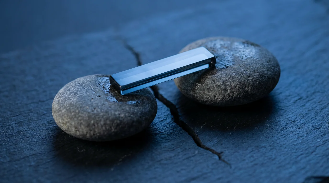 Close-up macro shot of two stones connected by a metallic bridge under blue hour light.