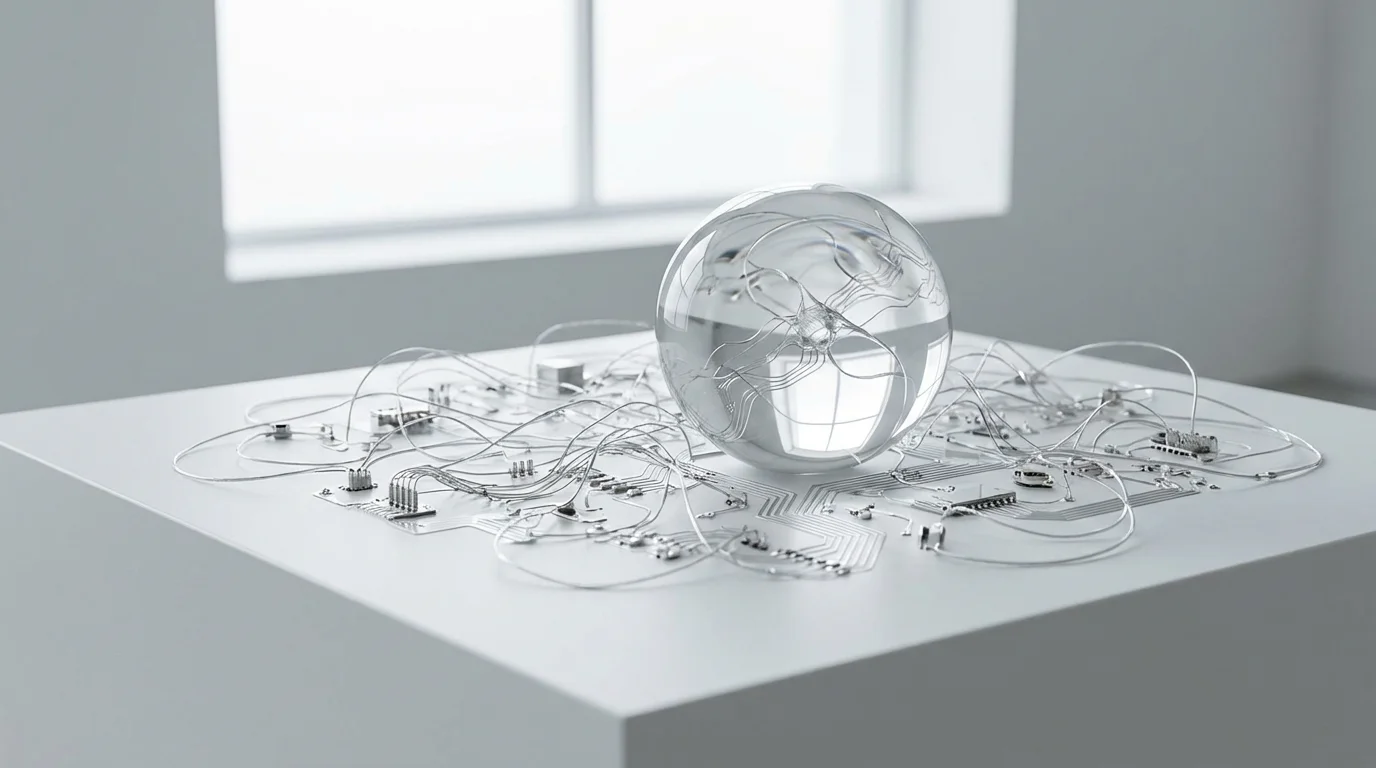 Close-up of a glass sphere over intricate metallic circuitry representing the habit loop blueprint.