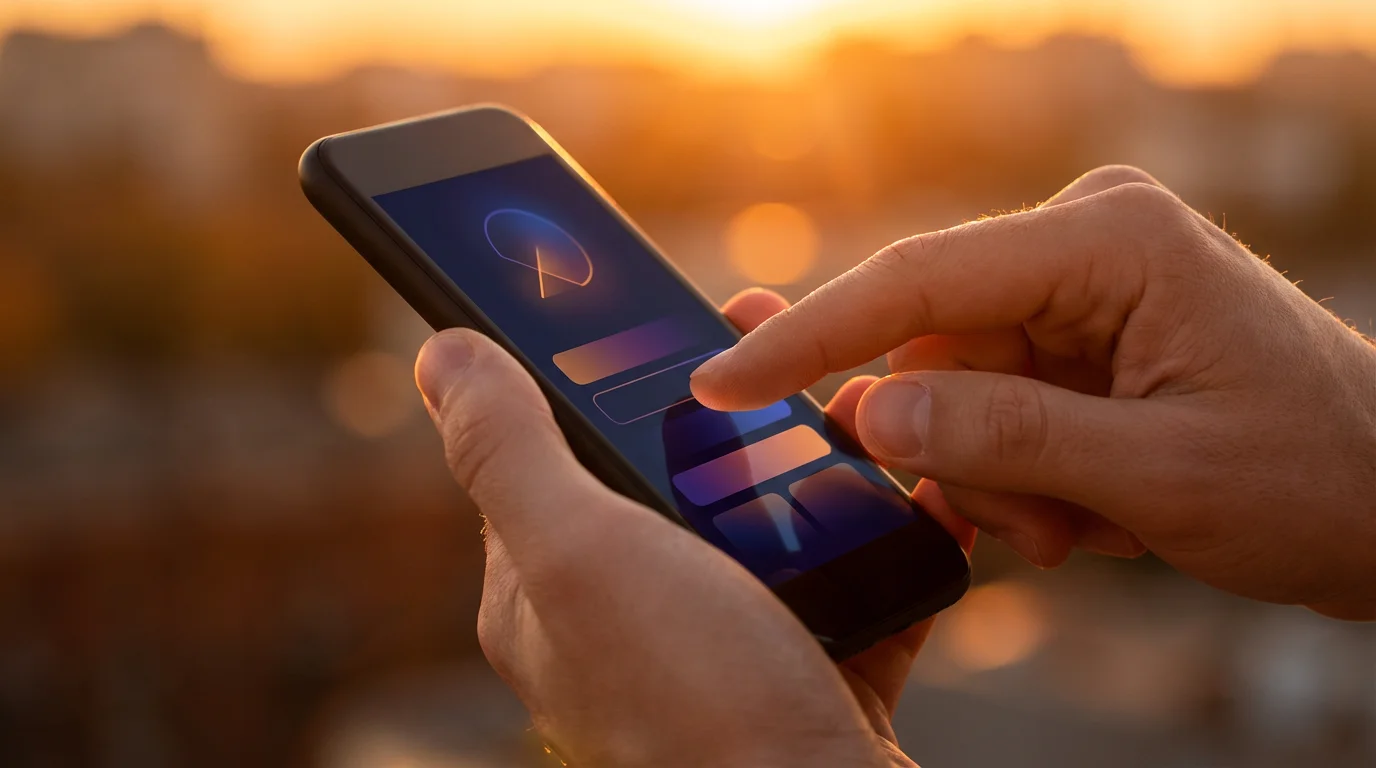 Close-up of a hand adjusting abstract settings on a smartphone during golden hour.