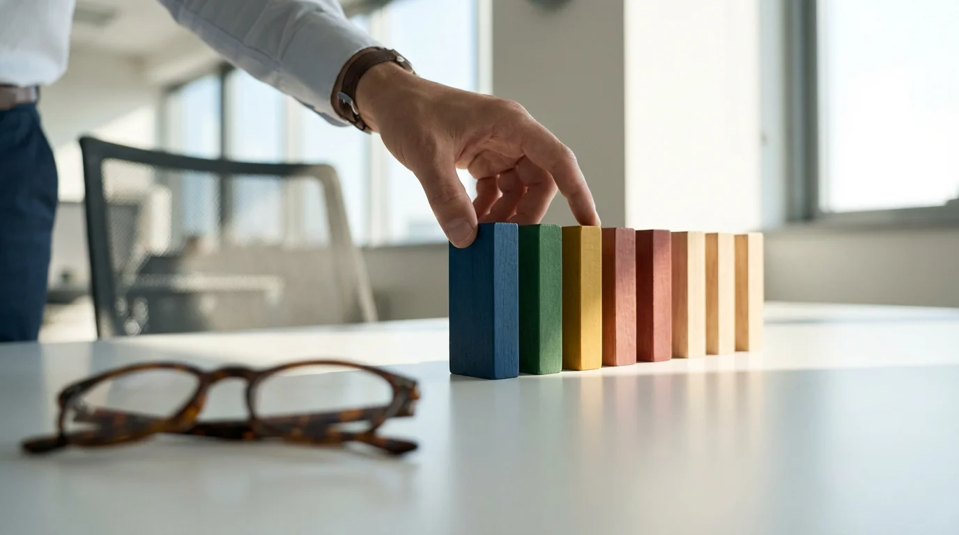 Close-up of a hand arranging colored wooden blocks on a desk to symbolize time management.
