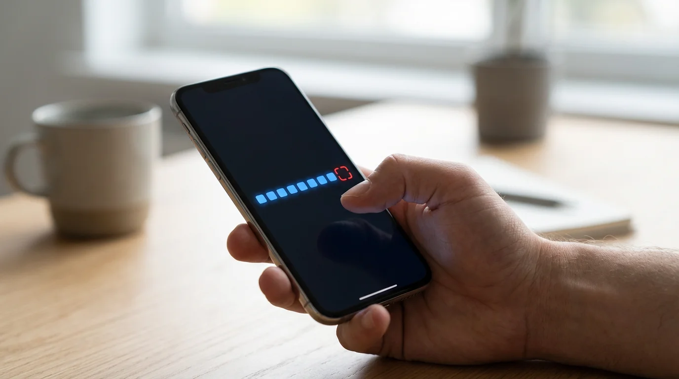 Close-up of a hand holding a smartphone showing a visually broken habit streak on a tracking app.