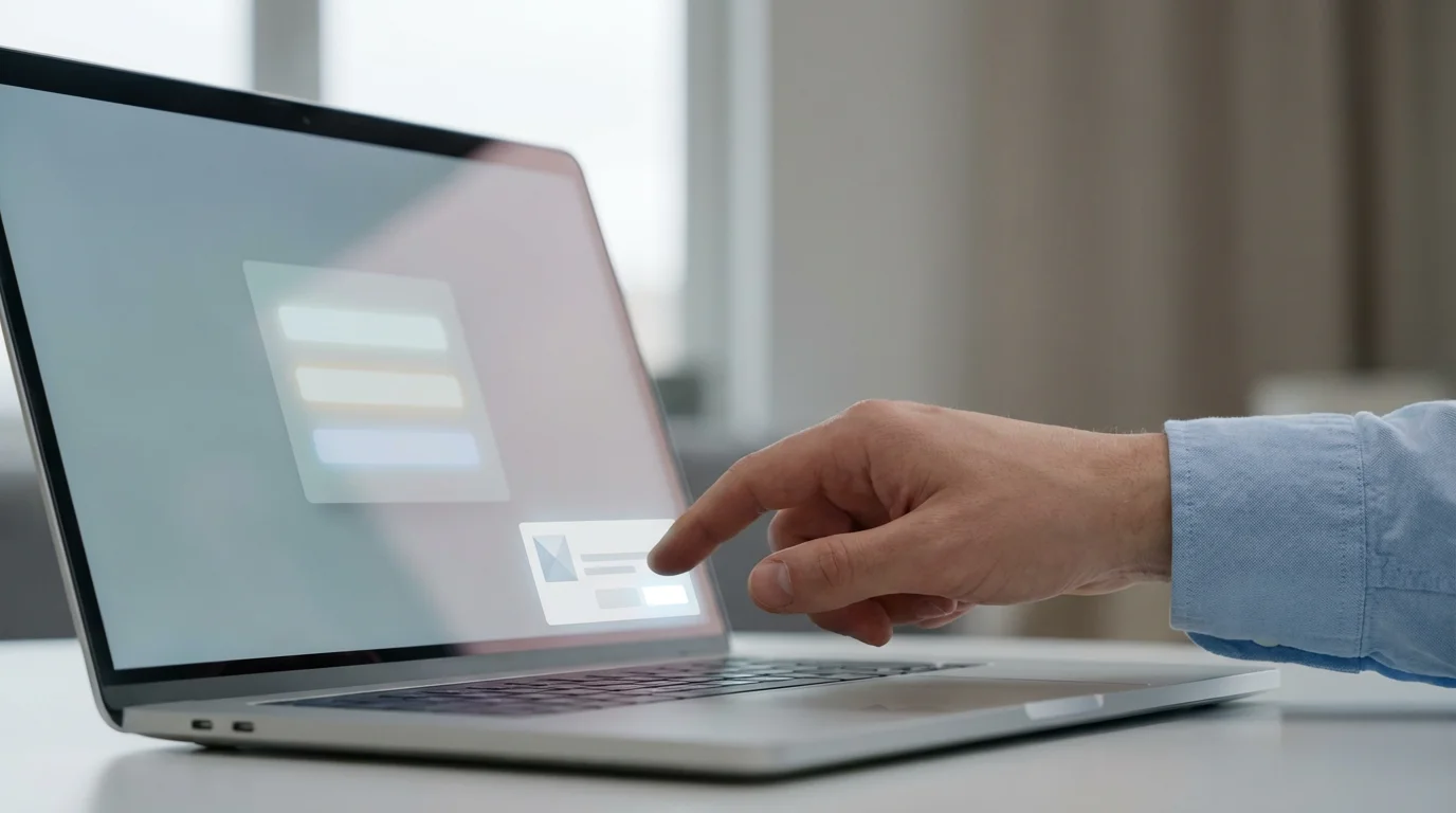 Close-up of a hand hovering over a laptop screen showing an abstract notification to save a new password.