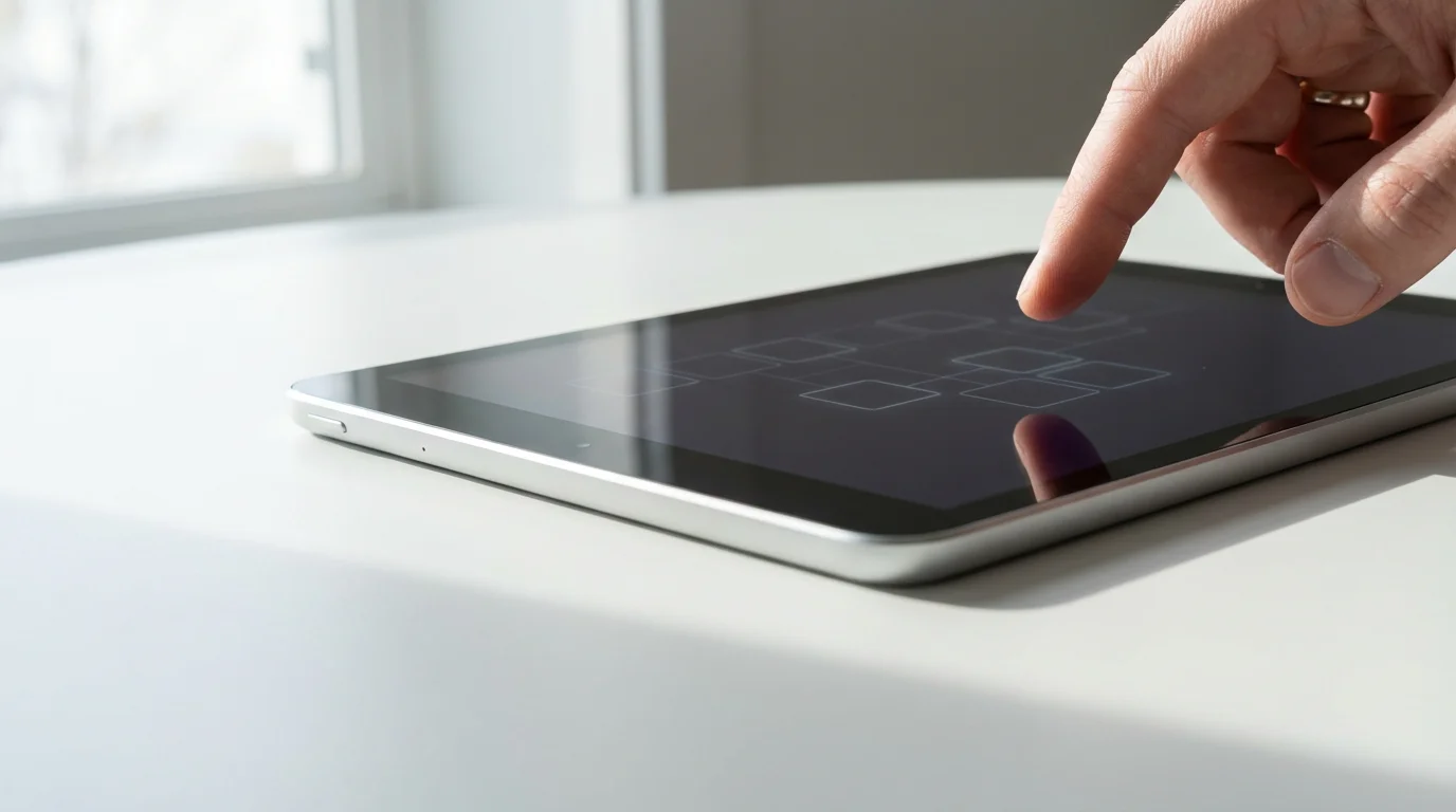 Close-up of a hand organizing apps on a sleek tablet under natural window light.