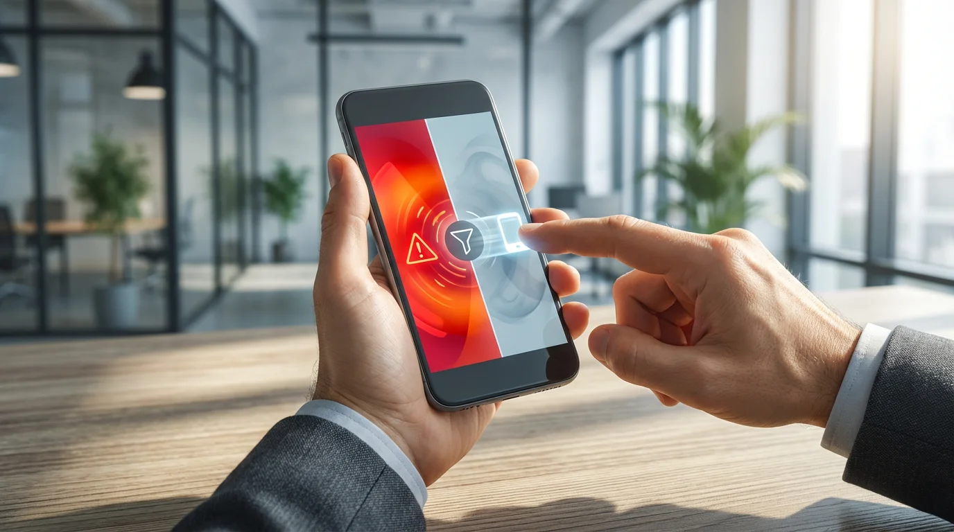 Close-up of a hand sorting critical and non-critical digital notifications on a smartphone screen.